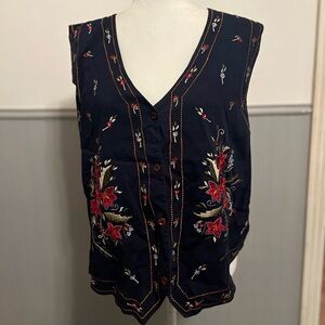Vintage Bobbie Brooks Navy Blue Floral Embroidered Vest